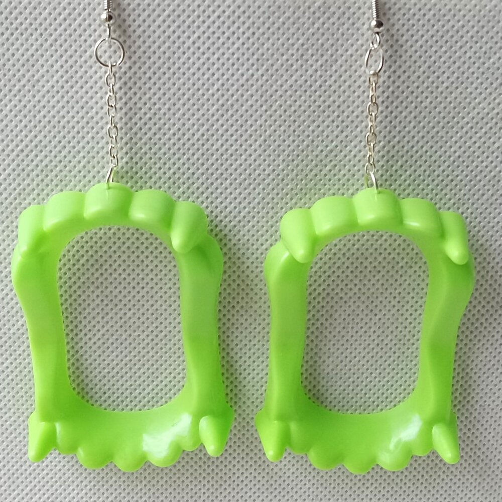 Green Vampire Teeth Earrings, Dangle Earrings